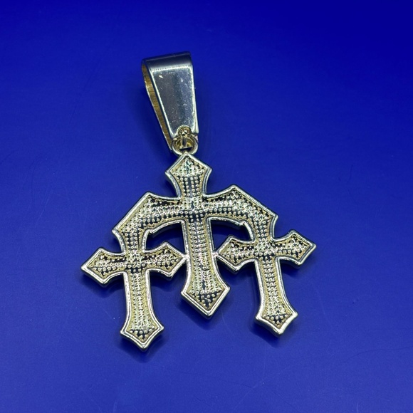 Big gold plated iced out triple cross pendant 3A CZ no chain included jewelry - Picture 3 of 3